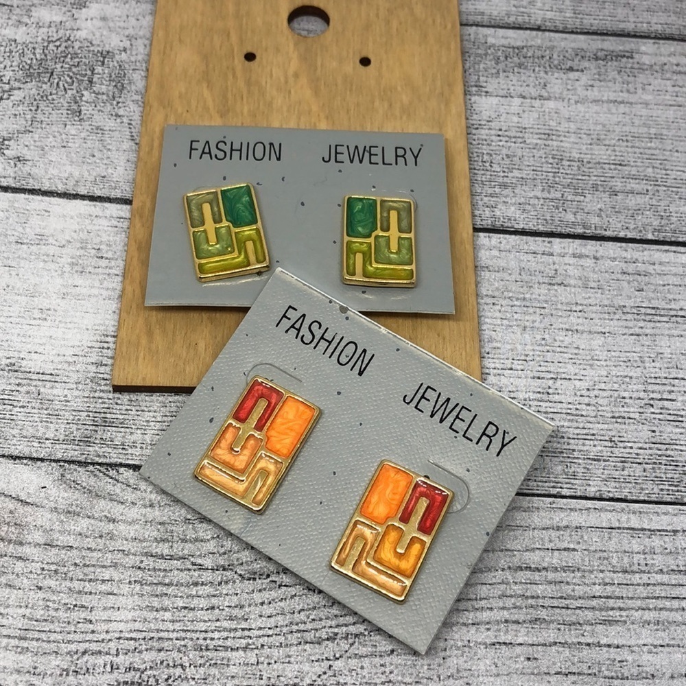 New old stock retro vintage clip on earrings statement modernist abstract enamel